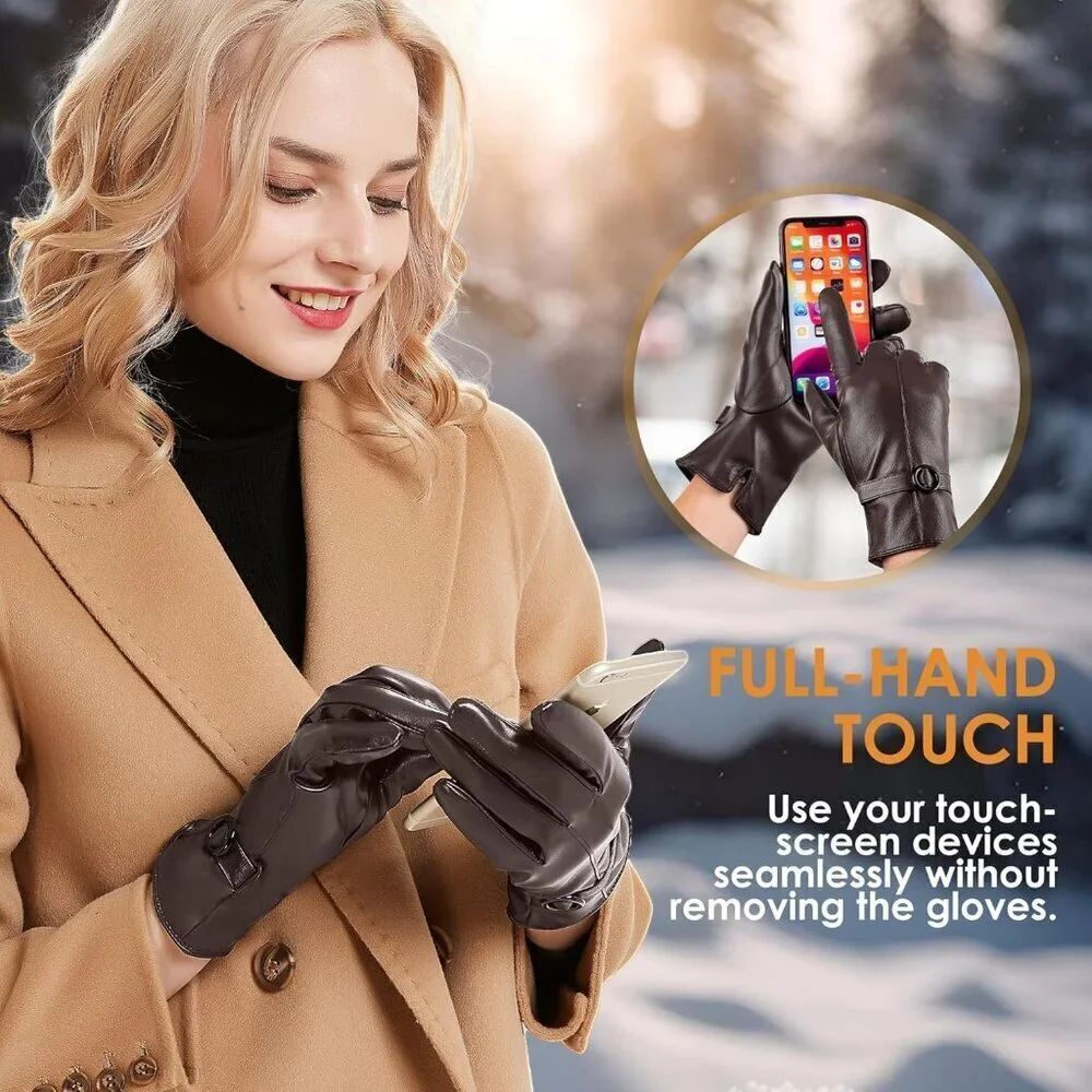 Women's Winter Leather Gloves Texting Warm Driving Lambskin Gloves Brown